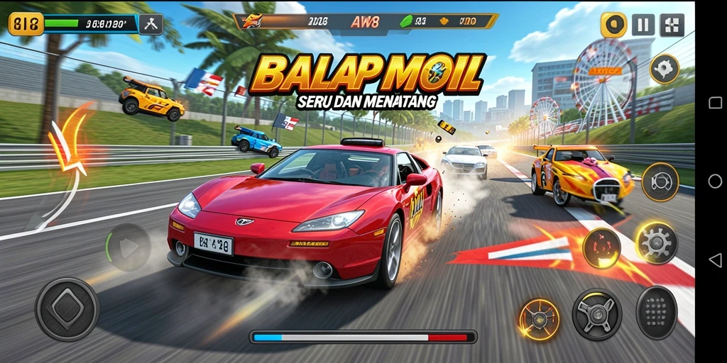 Tangkapan layar gameplay balap AW8 yang menampilkan aksi mendebarkan di lintasan.