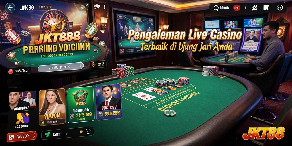 Screenshot gameplay JKT88 yang menunjukkan dealer langsung dan suasana kasino.