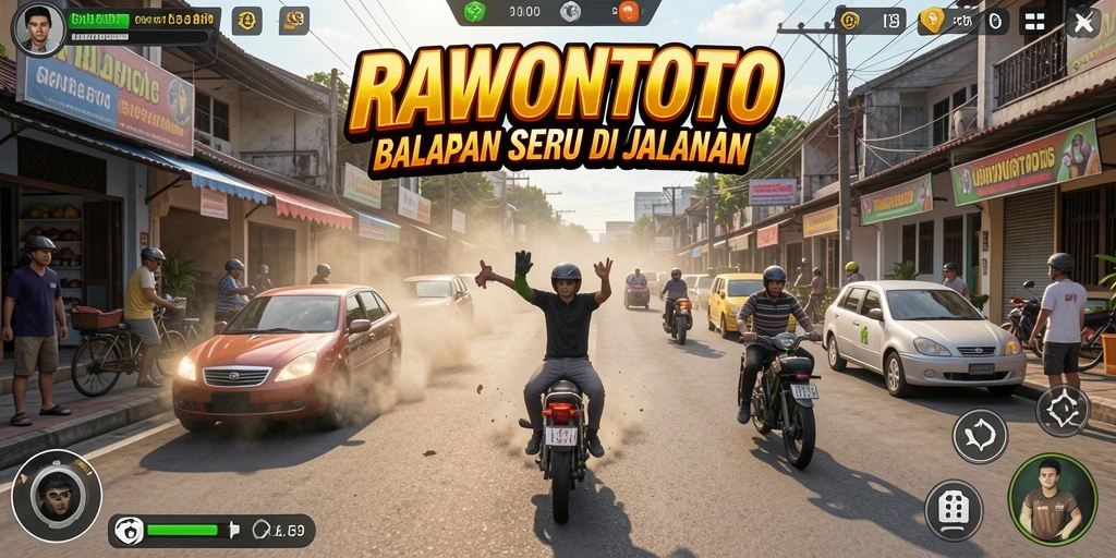 Tangkapan layar menampilkan aksi balapan seru dalam RAWONTOTO.