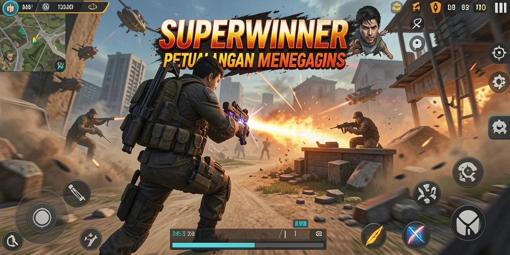 Screenshot utama SUPERWINNER menampilkan aksi pertempuran seru dalam TPS.